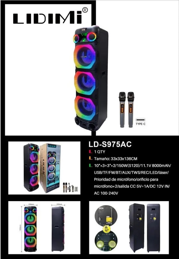 Parlante Torre Bluetooth LIDIMI con 2 Micrófonos y Luces RGB