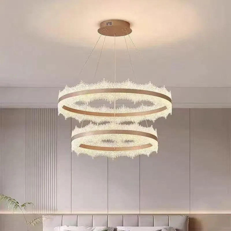 Lámpara Colgante LED 2 Aros Corona Efecto Cristal Dorado 40+60 cm