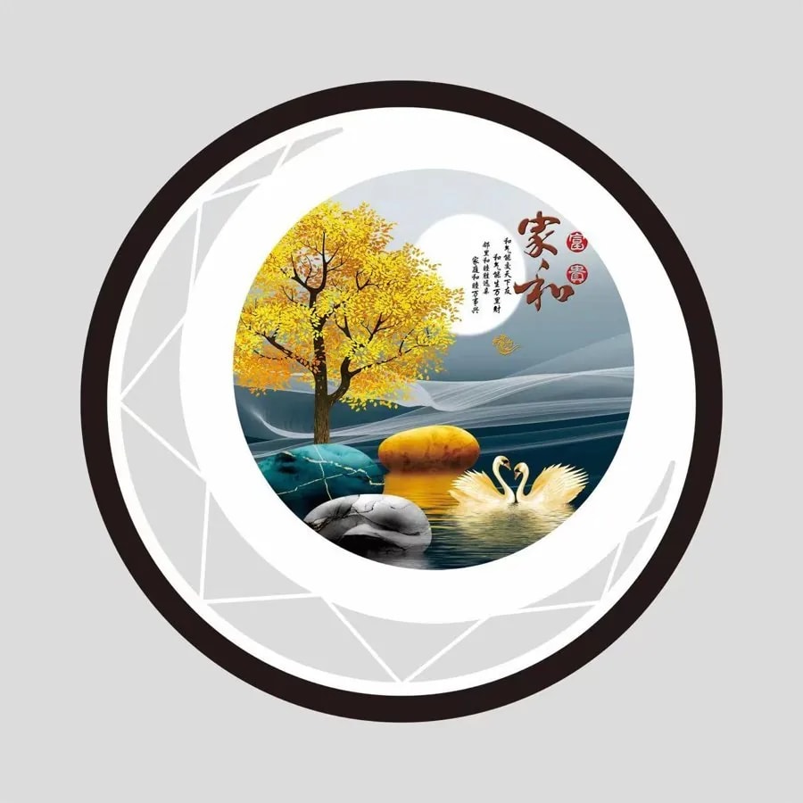 Aplique de Pared LED Circular con Cuadro Árbol Dorado y Cisnes