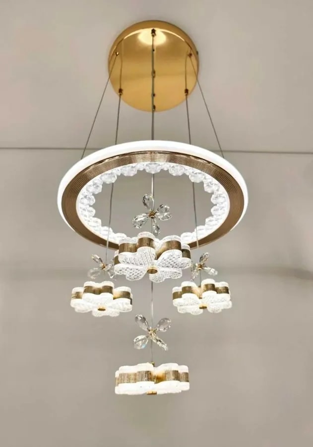 Lámpara Colgante LED de Aro con 4 Colgantes de Cristal Floral