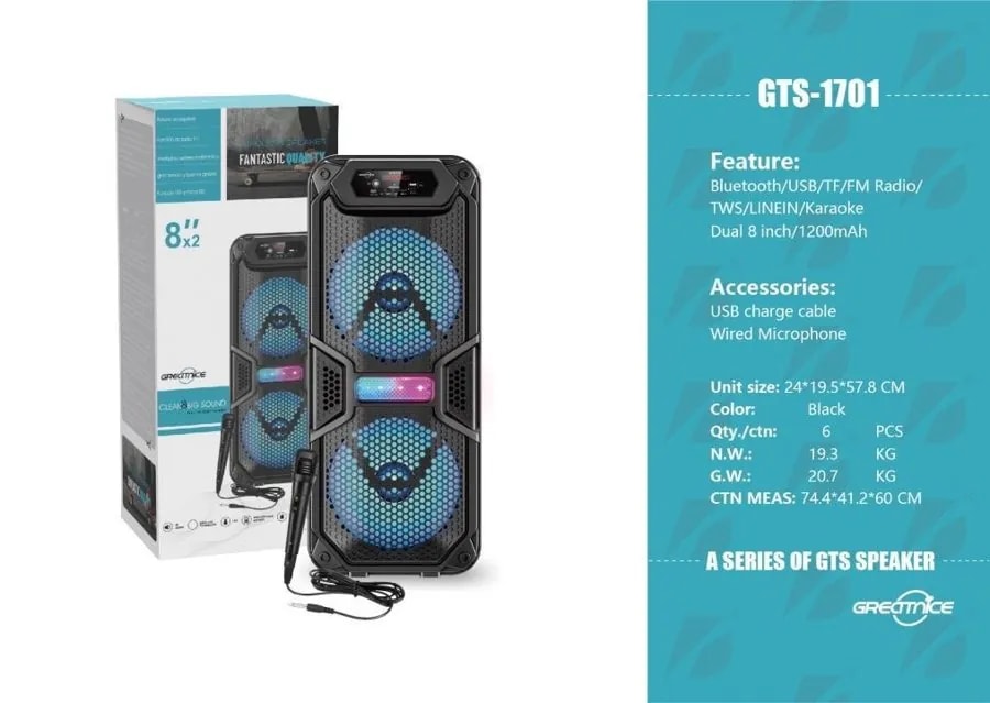 Parlante Bluetooth Doble 4" 10W con Micrófono y Luces