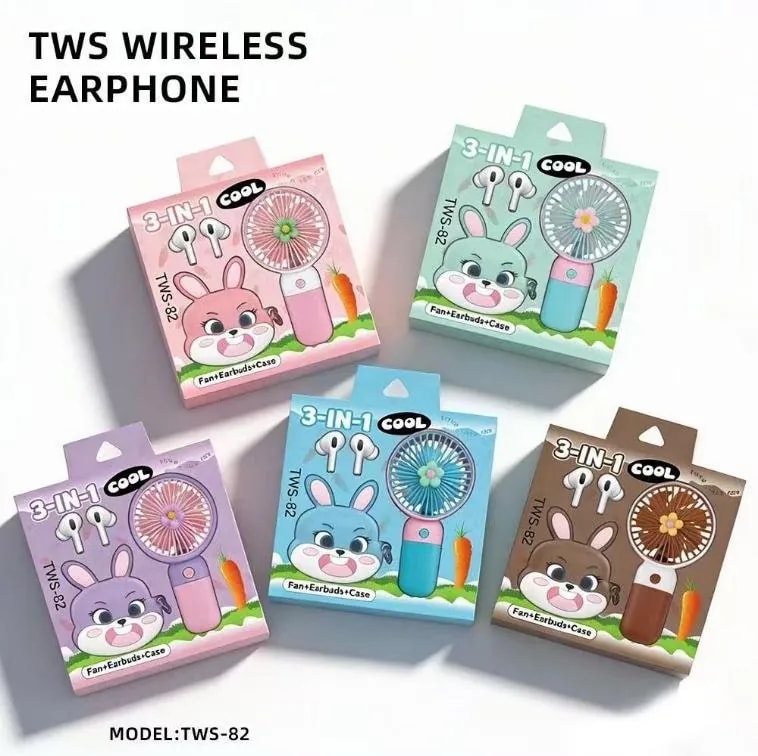 Set de Regalo 3 en 1 Audífonos TWS con Ventilador Conejito