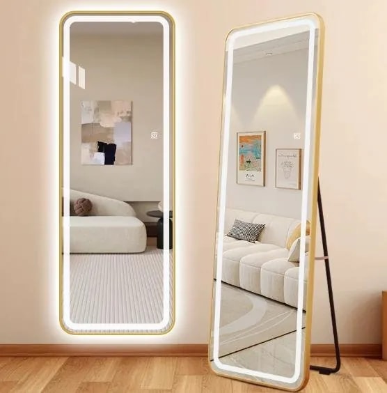 Espejo de Piso con Luz LED y Soporte Dorado 170x70 cm