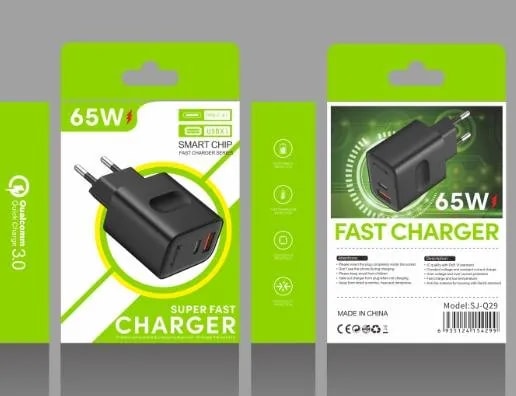 Cargador de Pared Carga Rápida 65W USB y Tipo C