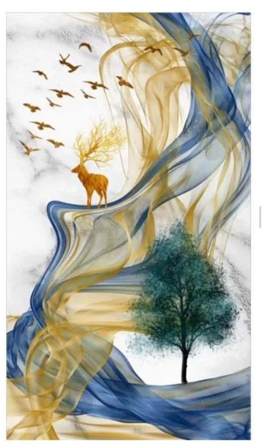 Cuadro Decorativo Vertical 3D Ciervo Dorado y Árbol Abstracto