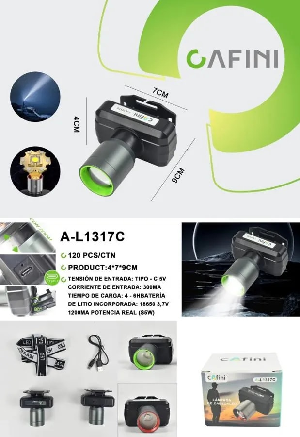 Linterna de Cabeza LED Recargable USB-C con Zoom