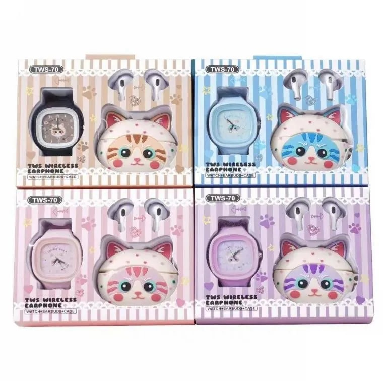 Set de Regalo Audífonos TWS con Reloj y Estuche Gatito