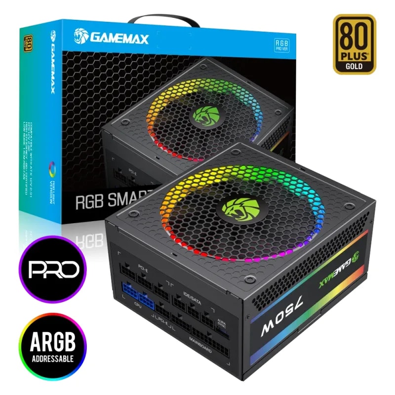 Fuente De Poder GAMEMAX 750W RGB-750 Pro BK Modular 80+ Gold Fan 14CM ARGB (25 Modos) 100-240V