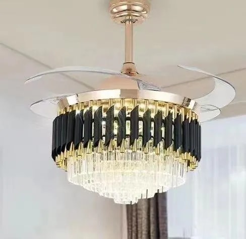 Ventilador de Techo Candelabro de Cristal con Luz LED Negro y Dorado