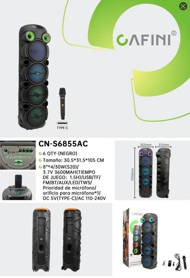 Torre de Sonido Bluetooth CAFINI Doble 8" con Micrófono y Luces