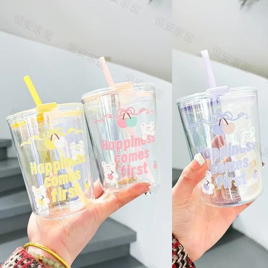 Vaso Plástico Transparente 450 ml con Pajilla Estampado