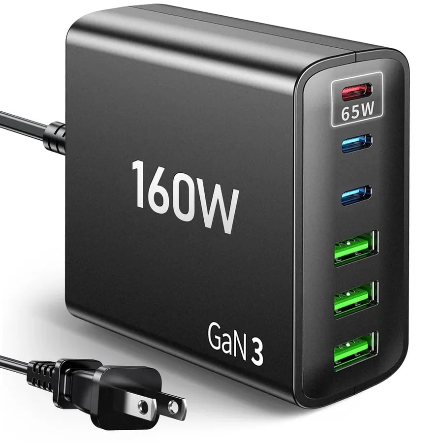 Estación de carga USB multi puerto: escritorio 160W power fast charging hub wall block pd 3.0 5 puertos con almohadilla inalámbrica y pantalla digital