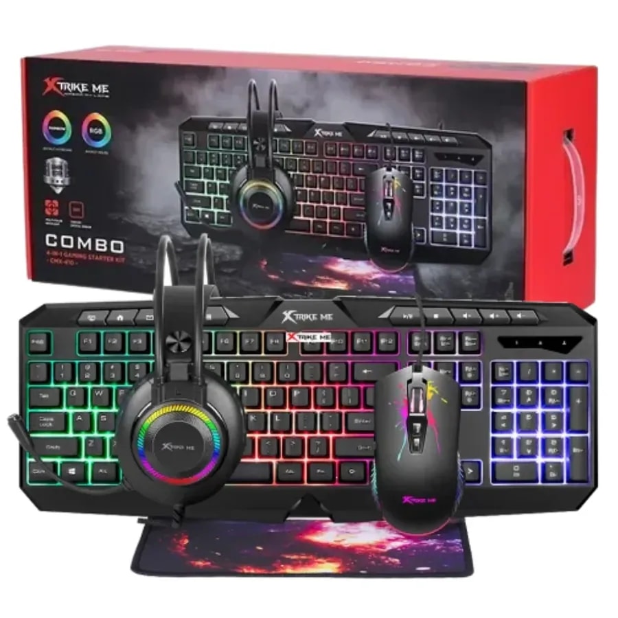 Kit 4 en 1 xtrike me CMX-410 sp tecl, mouse, headphone, mousepad, 115 teclas luz arcoiris, dpi 7200 7 bot. driver, tela antideslizante, jack 3,5MM2 + USB