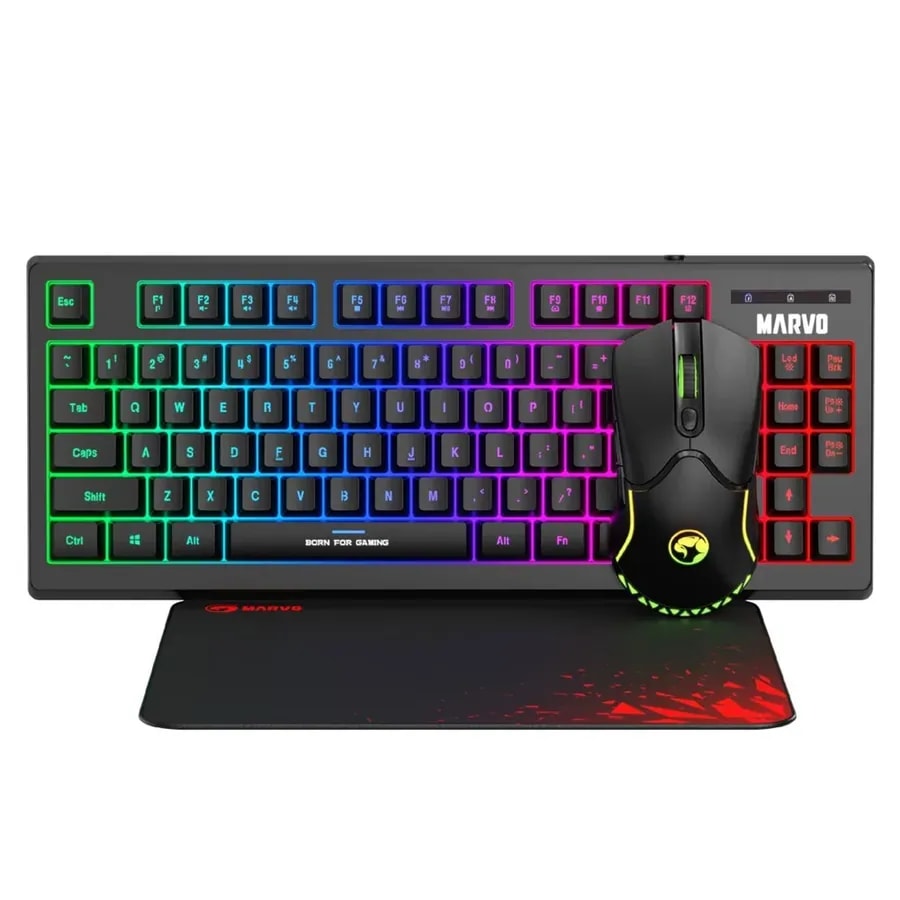 Kit 3 en 1 marvo CM310 sp bk teclado + mouse + mousepad, 87 teclas iluminacion 3 colores, dpi 800 1200 2400 3200 7 bot. rgb