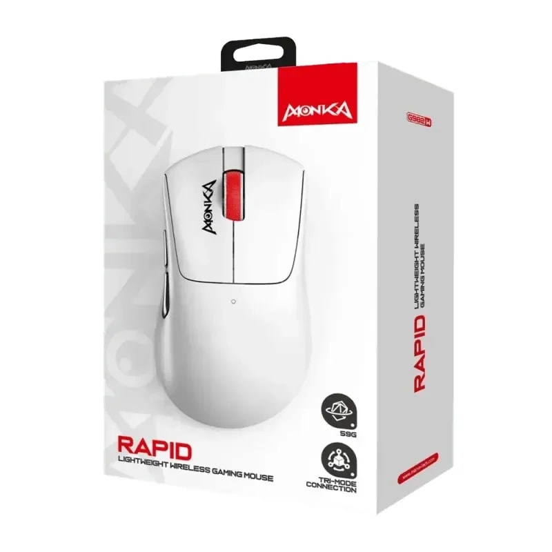 Mouse monka G982W wh tri-mode 2.4g/usb-c/bt 6 bot. programables dpi 800 1200 2400 3600 6000 12000 bat. 400MAH