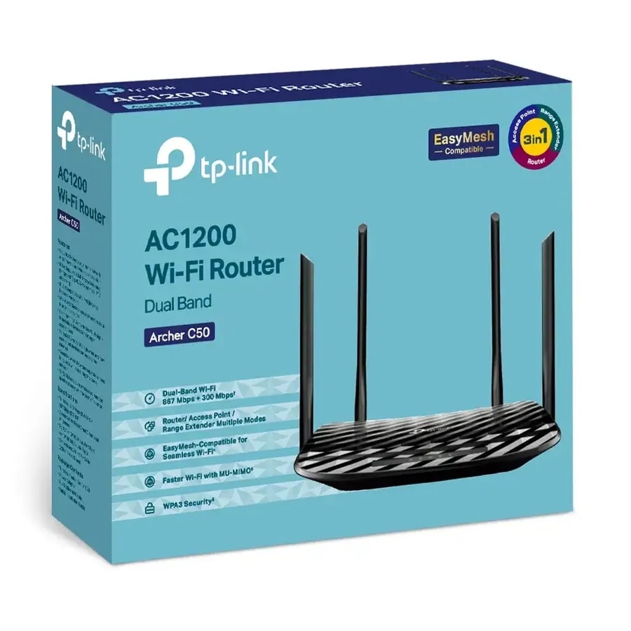 Router tp-link archer C50 AC1200 dual band 2.4GHZ 300MBPS y 5GHZ 867MBPS 10/100mbps mu-mimo, access point y extensor 4 ant 5DBI