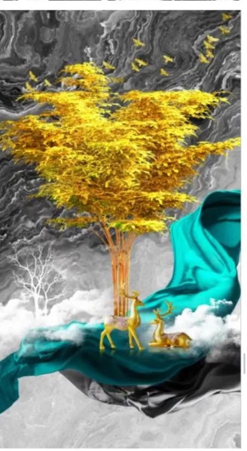 Cuadro Decorativo Vertical 3D Árbol Dorado y Ciervos Abstracto