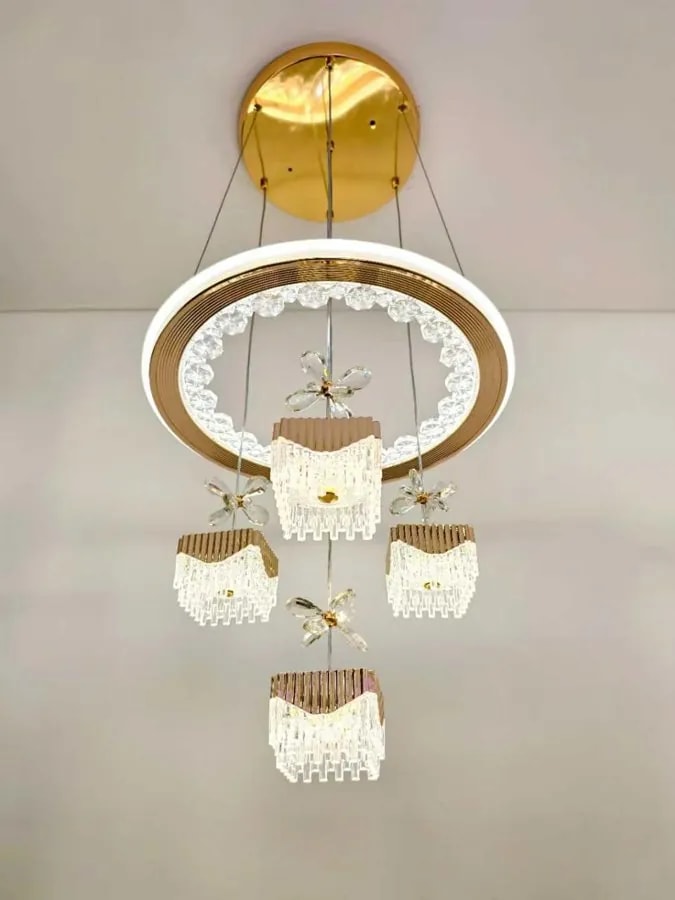 Lámpara Colgante LED de Aro con 4 Pantallas de Cristal Cuadradas