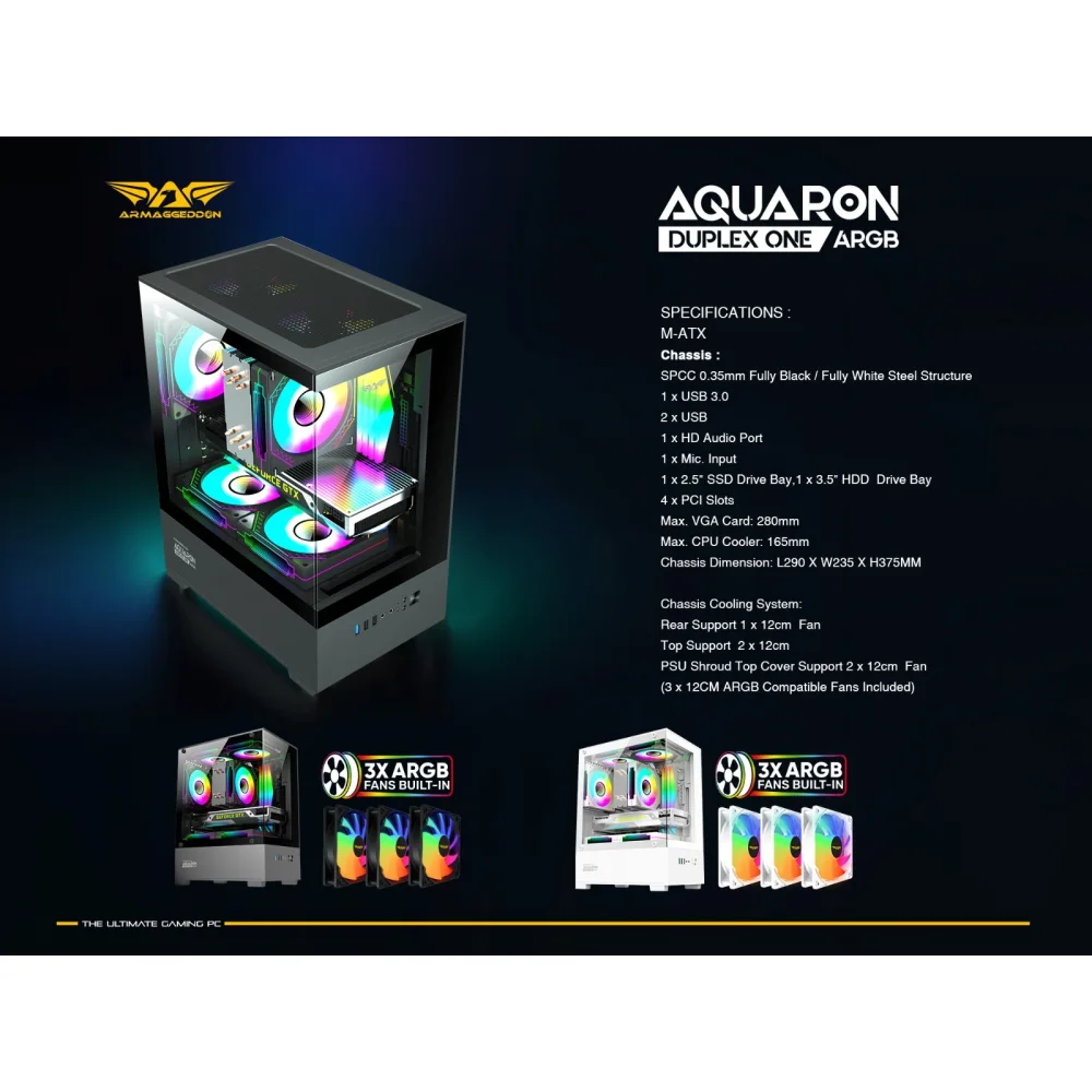 PC CHASIS ARMAGGEDDON AQUARON Duplex ONE WHITE ARGB / M-ATX / Chassis Dimension: L290 X W235 X