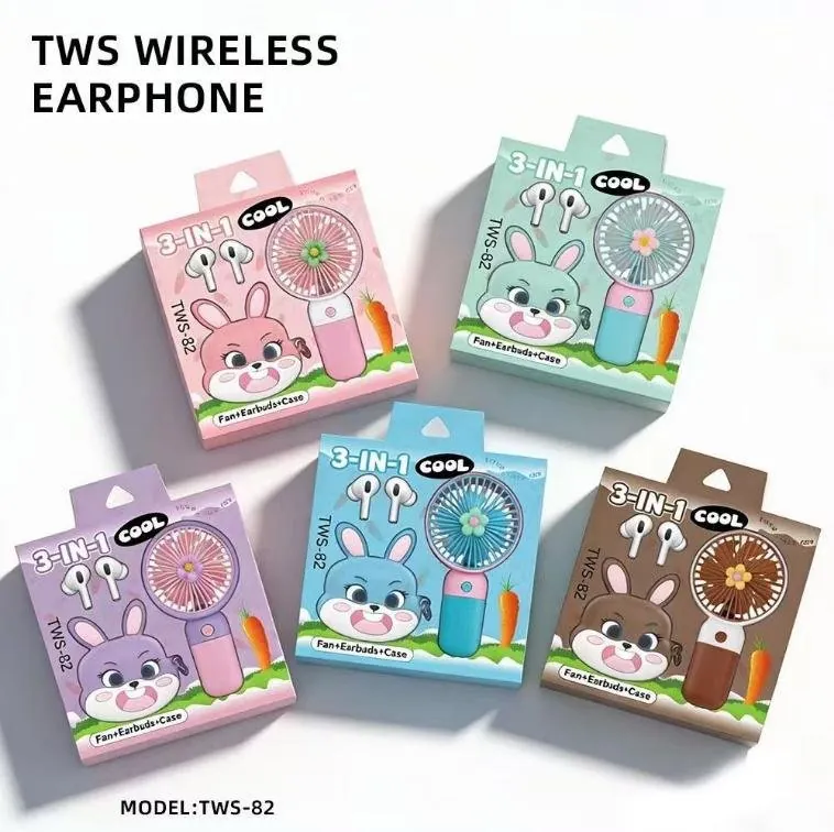 Set de Regalo 3 en 1 Audífonos TWS con Ventilador Conejito