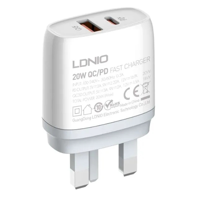 Cargador LDNIO Q229 20W USB-C + USB QC3.0 con cable USB-C a USB-C
