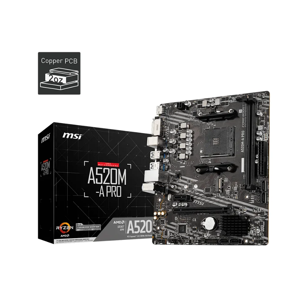 Mainboard MSI PRO A520M-S AM4 2 slots HDMI DVI DP 10/100/1000 ATX
