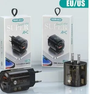 Cargador Rápido Transparente Doble Puerto USB y Tipo C