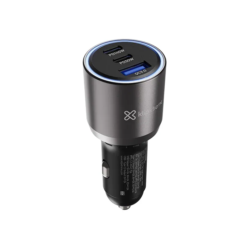 Cargador de carro klip xtreme 140W carga rapida hasta laptop 2 usb-c y 1 usb-a